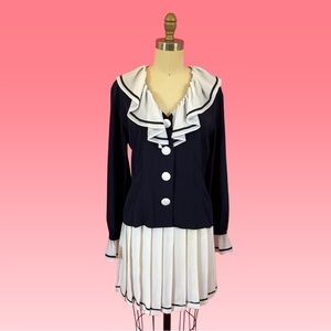 Vintage 90s 2-PIECE MATCHING Set Sailor Preppy Chic Blouse Pleated Mini Skirt S